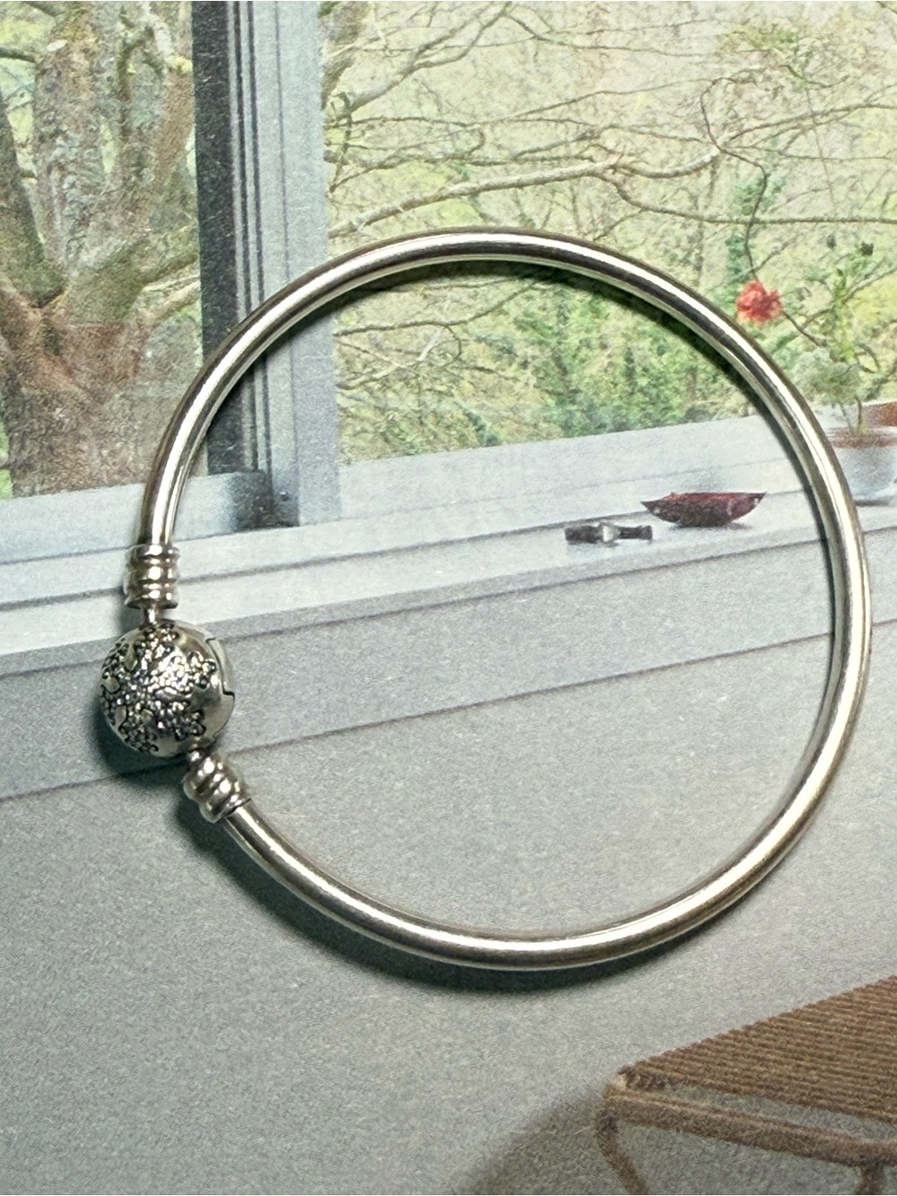 Pandora Silver Floral Clasp Bangle Bracelet